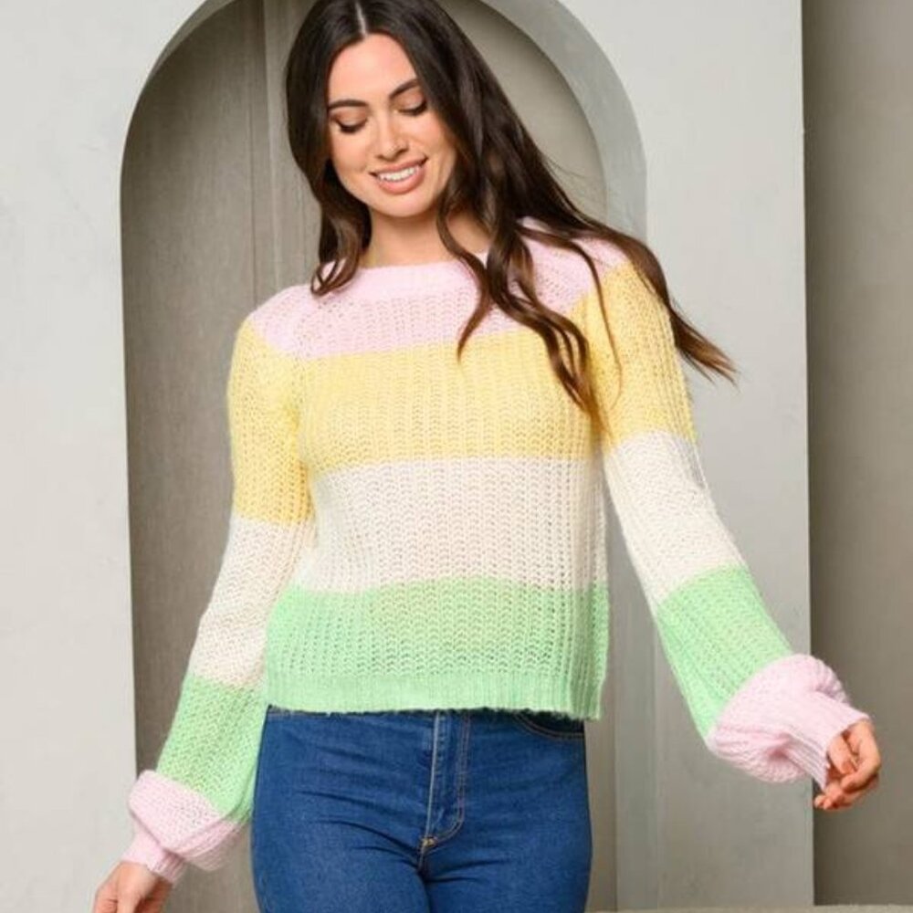 NWT Big Hit Fashion Balloon Sleeves color block light sweater